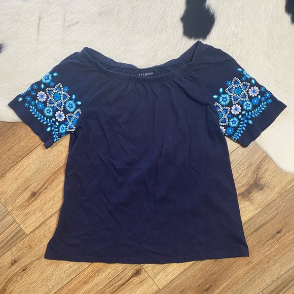Talbots Women's Navy Blue Boho Floral Embroidered Peasant Shirt - Picture 1 of 6